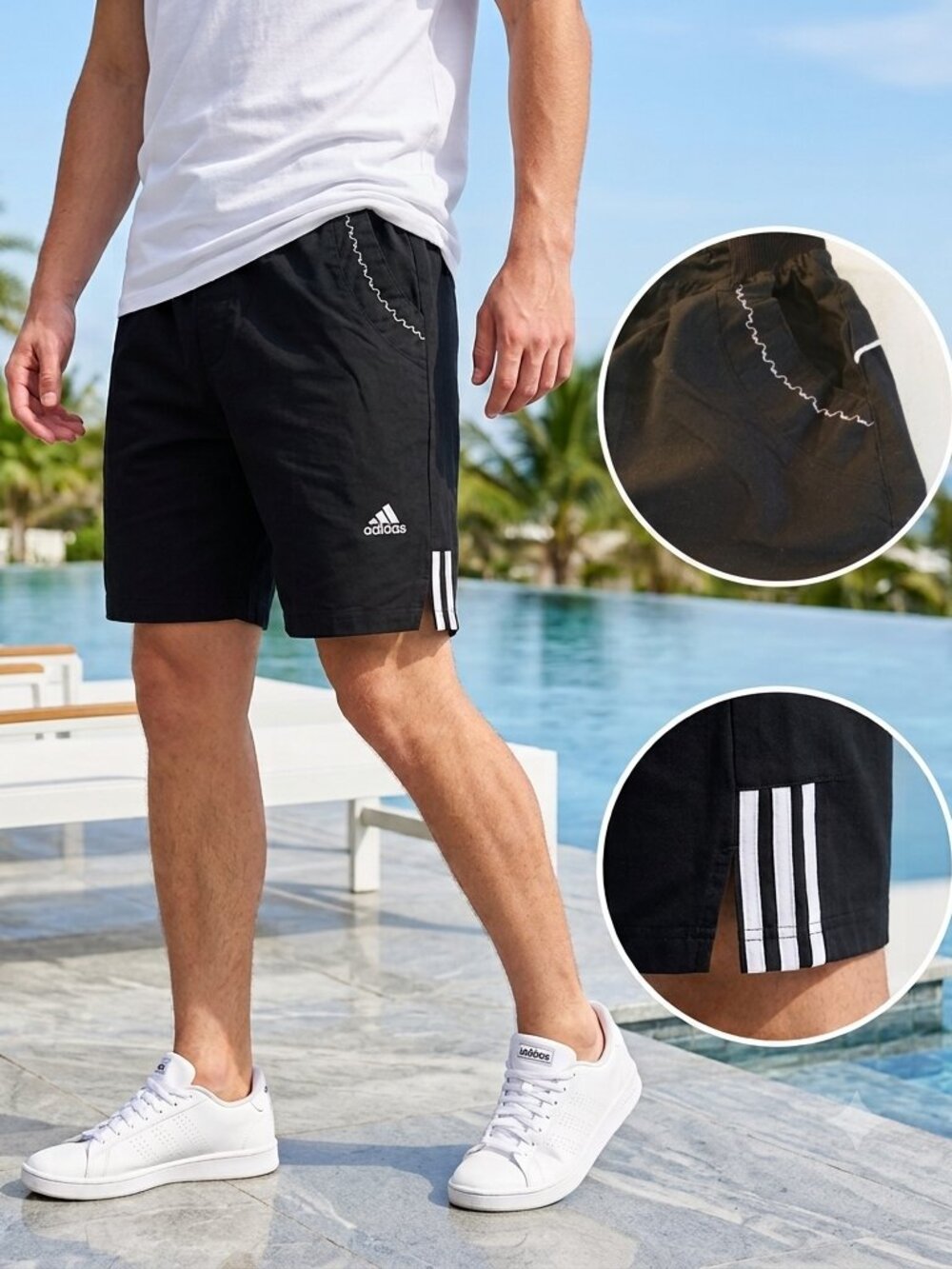 NWOT Adidas Unisex Teen L Short Stretch Cotton 2-Pocket Logo White Stripe Breath